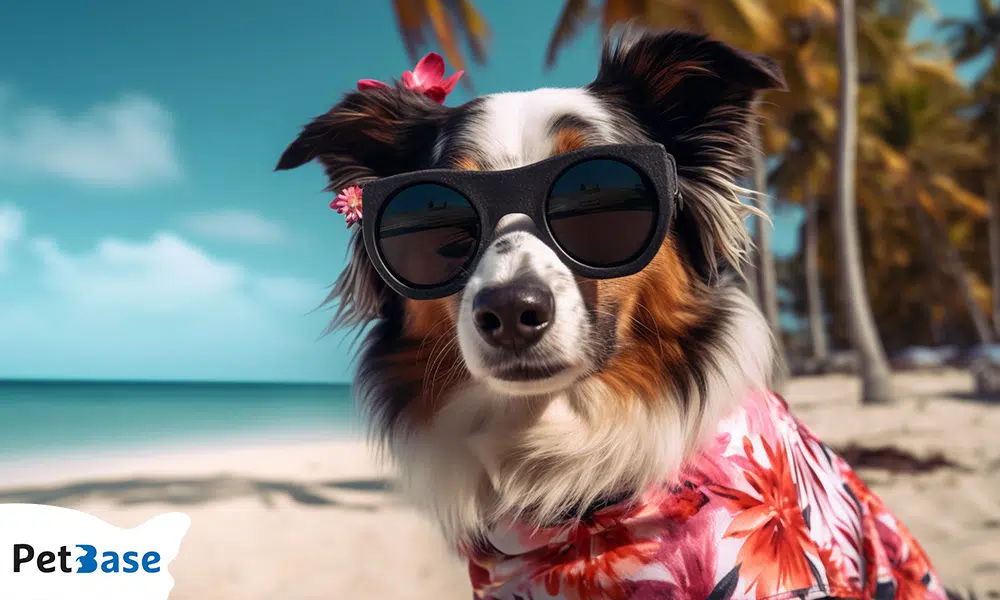 Hond met zonnebril en Hawaiiblouse op het strand tijdens vakantie