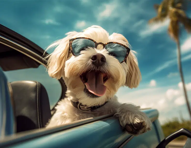 Witte hond met zonnebril in de auto op weg naar vakantie met baasje