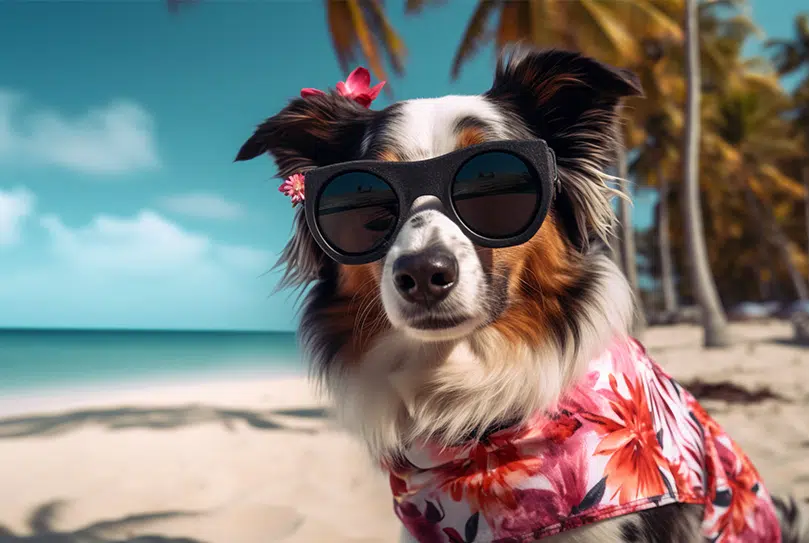 Australische herder met zonnebril en bloemenoutfit geniet van strandvakantie