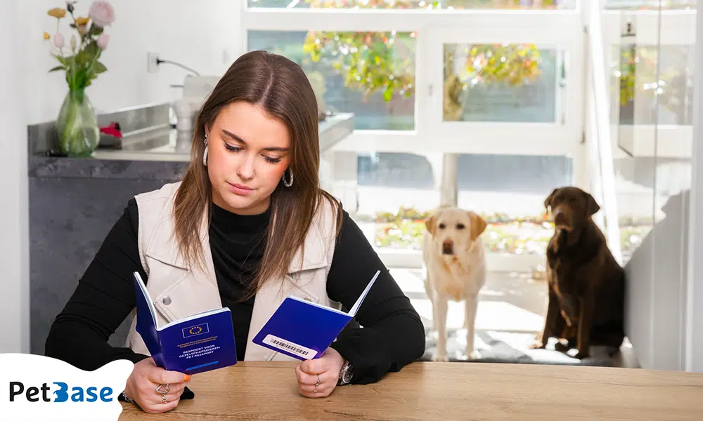 Vrouw leest EU dierenpaspoort aan tafel met hond op de achtergrond