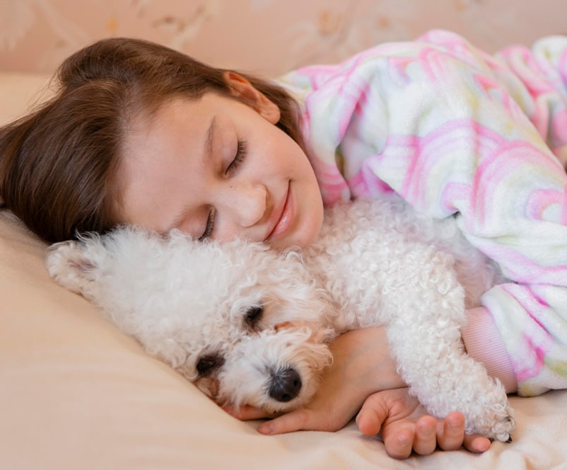 Meisje slaapt knuffelend met witte hond op bed